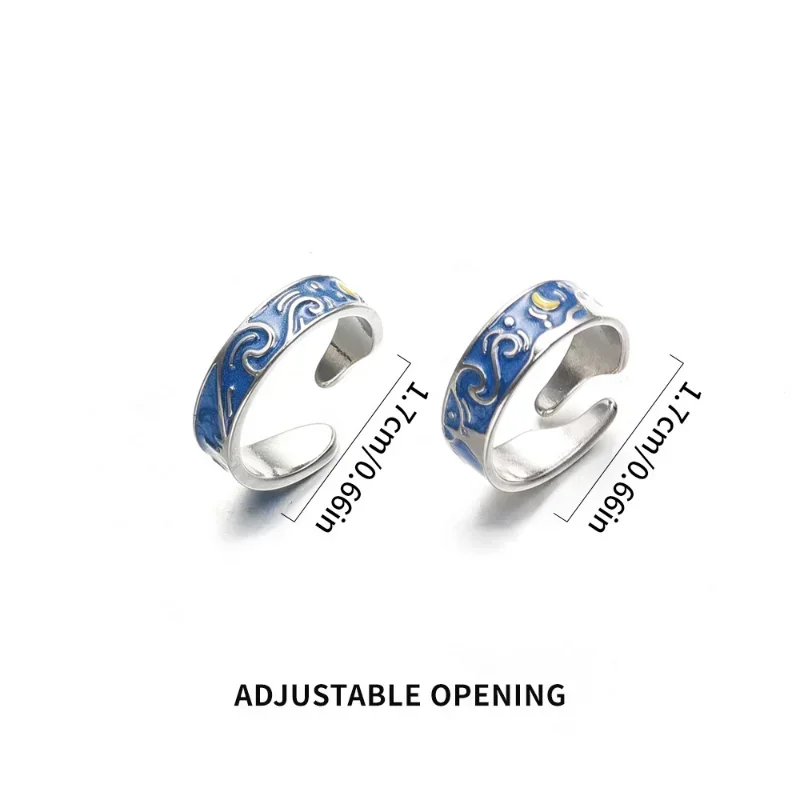 خواتم فان جوخ السماء المرصعة بالنجم ليلاً مفتوحة للرجال والنساء ، تصميم عشاق ، أنيق ، أزرق ، نجوم ، قمر ، خاتم قابل للتعديل ، مجوهرات زوجين ، 1 ، 2 * * #6