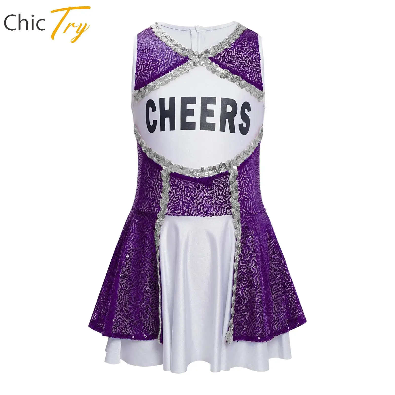 

Girls Cheerleading Dance Costume Kids Modern Jazz Dance Sparkly Sequins Dress for Halloween Party High School Stage Performance