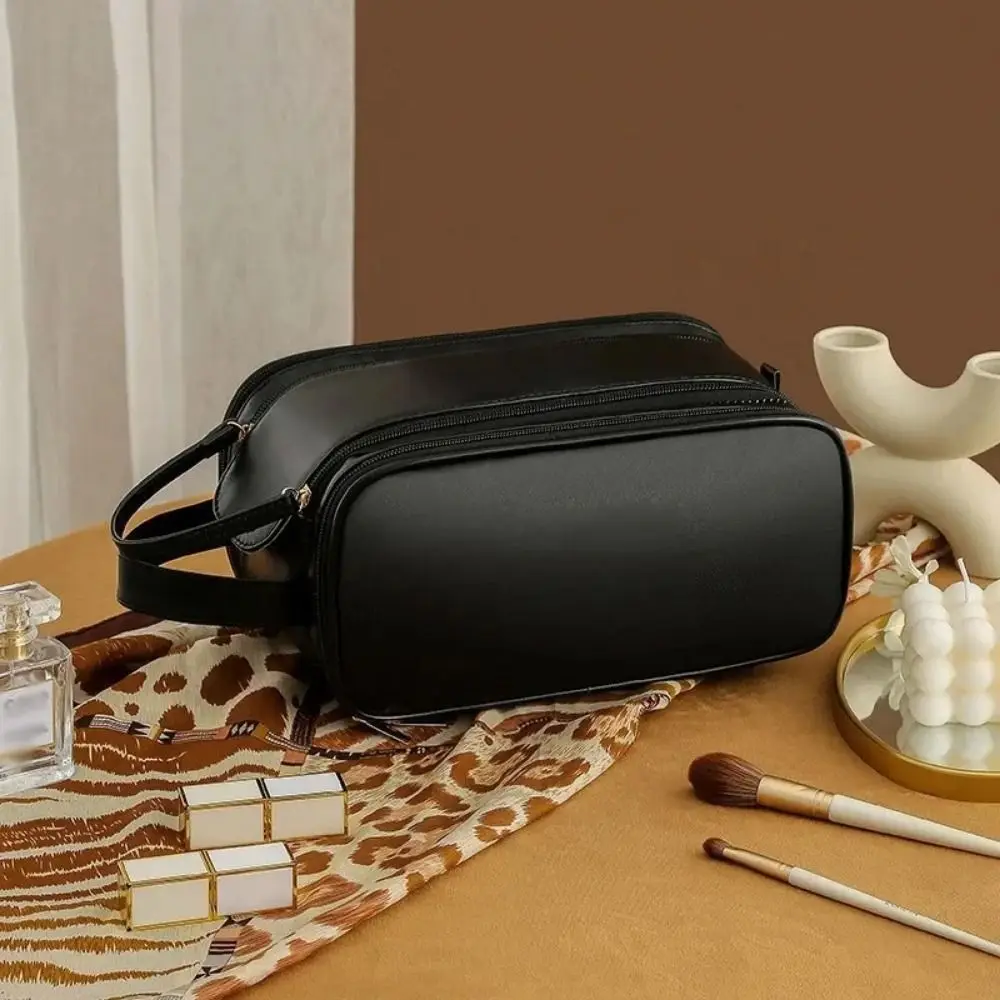 Portable Women's Makeup Bag Solid Color Double Zipper Handheld Storage Bag Waterproof PU Leather Toiletries Storage Pouch