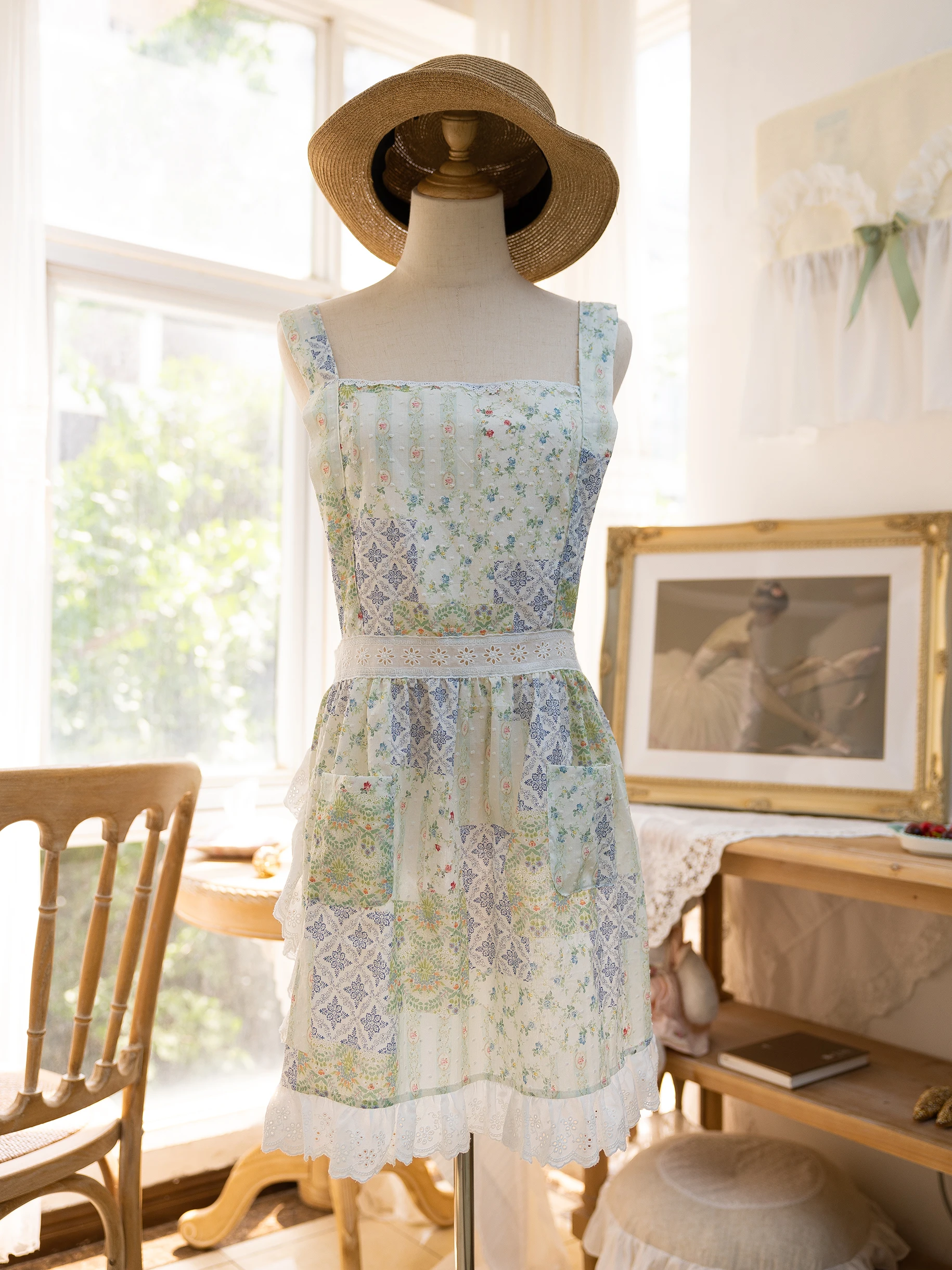 French Style Breathable Thin Cotton Apron Women's Maid Pure Cotton Handmade Sewing Baking Beauty Summer Garden Workwear