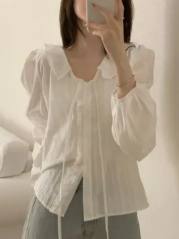 여성용 셔츠 루즈핏 긴팔 순색 여성용 끈 디테일 루즈핏 풍선 소매 봄 신상 여성용 셔츠 블라우스 셔츠 블라우스 셔츠