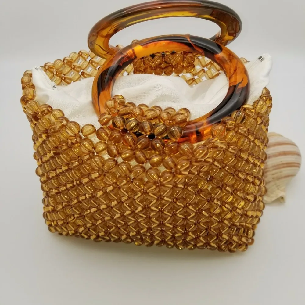 Casual Transparent Handmade Brown Beaded Hand-woven Women\'s Bag 2023summer Beach Tote Bags for Women Vintage Commuter Purses