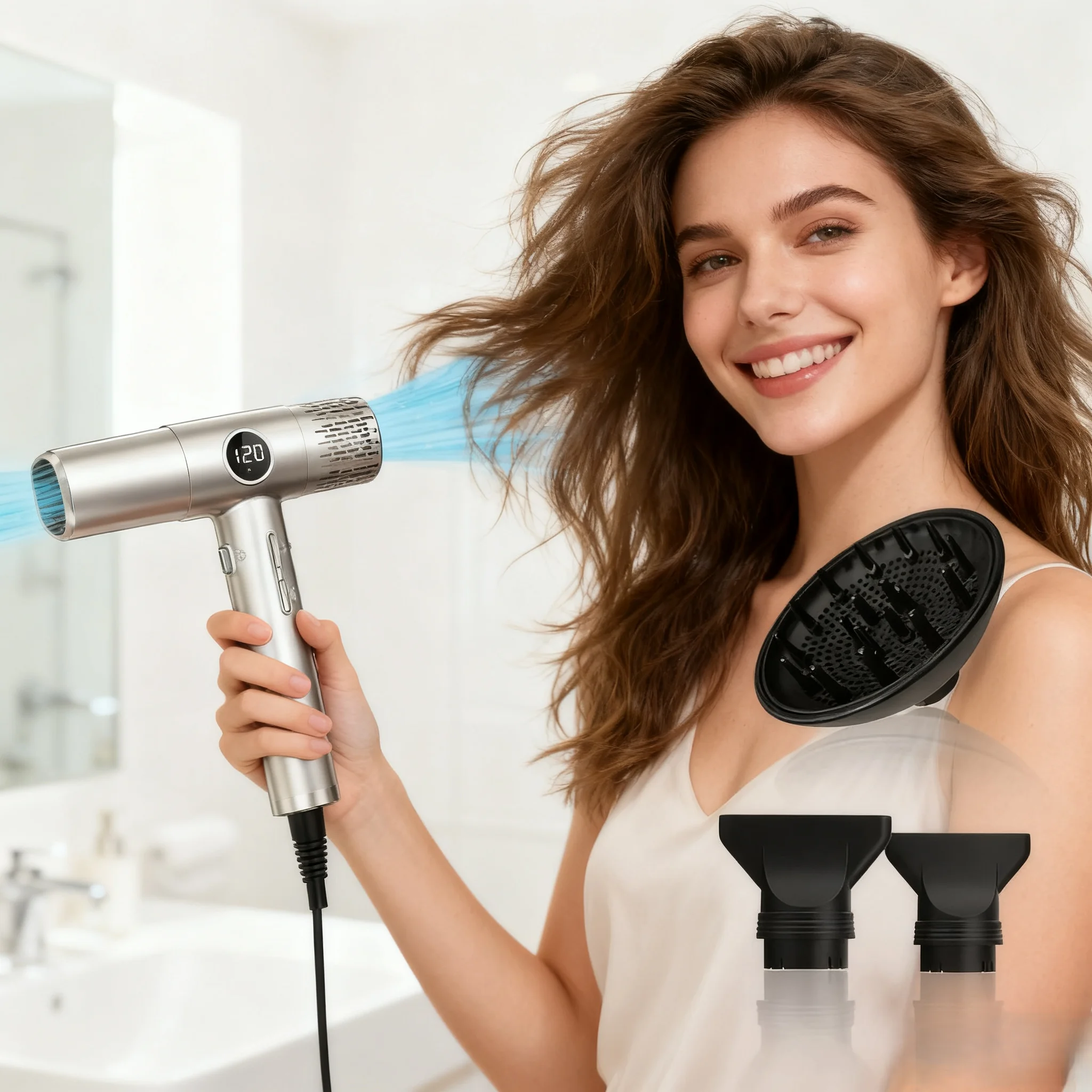 

Профессиональный высокоскоростной фен, 110000 об/мин, бесщеточный двигатель, фен с отрицательными ионами, быстросохнущий, низкий уровень шума с ЖК-дисплеем