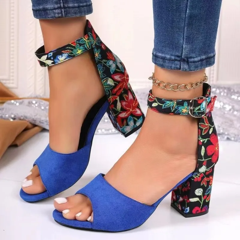 New Summer Oversized Floral Cloth Women\'s Shoes with High Heels Block Heel Fishmouth Straight Buckled Strap Women\'s Sandals