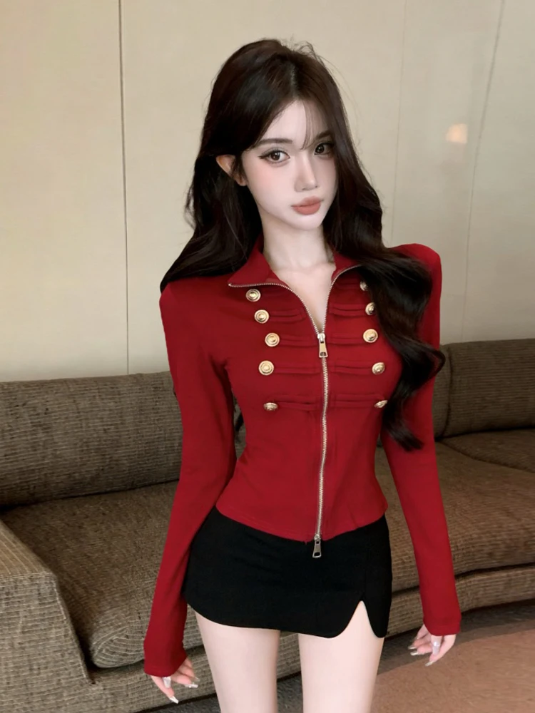 Slim Fit Long Sleeve T-Shirt Zipper Collar Double Row Gold Button American Retro Versatile Weight Loss Open Cardigan Top