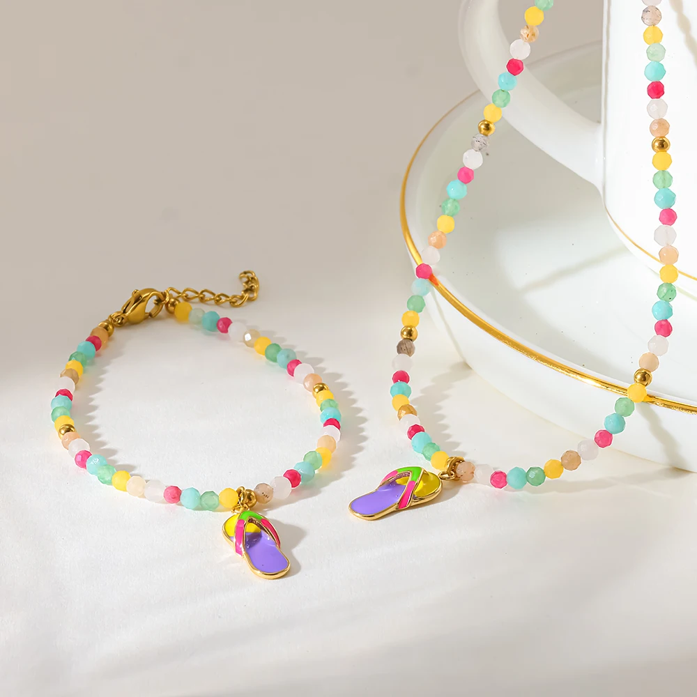 18K Gold Plated Stainless Steel Enamel Flip Flop Natural Stone Beaded Necklace Bracelet Set Waterproof Vacation Jewelry for Her