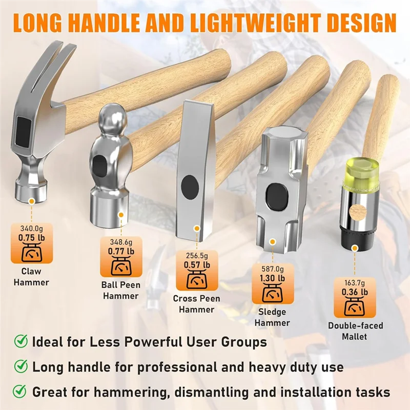 

EYFL-Hammer Set, Forgedpolished Steel Head, Long Wooden Handle, Suitable For Home And Professional Use