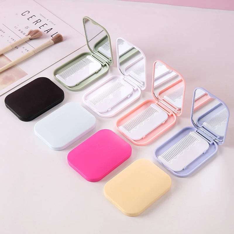 Small Mirror Comb Set Solid Color Fashion Portable Folding Makeup Mirror With Comb For Girl Gift Makeup Tools Vanity Miror