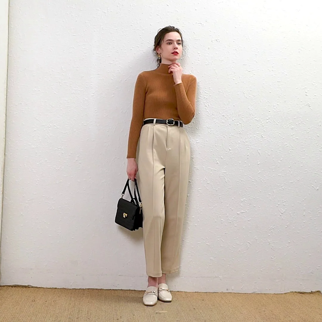 Women's Slim Fit Half High Neck Knitted Wool Sweater Autumn Winter New Style Pure Color Striped Inner Wear Casual Pants