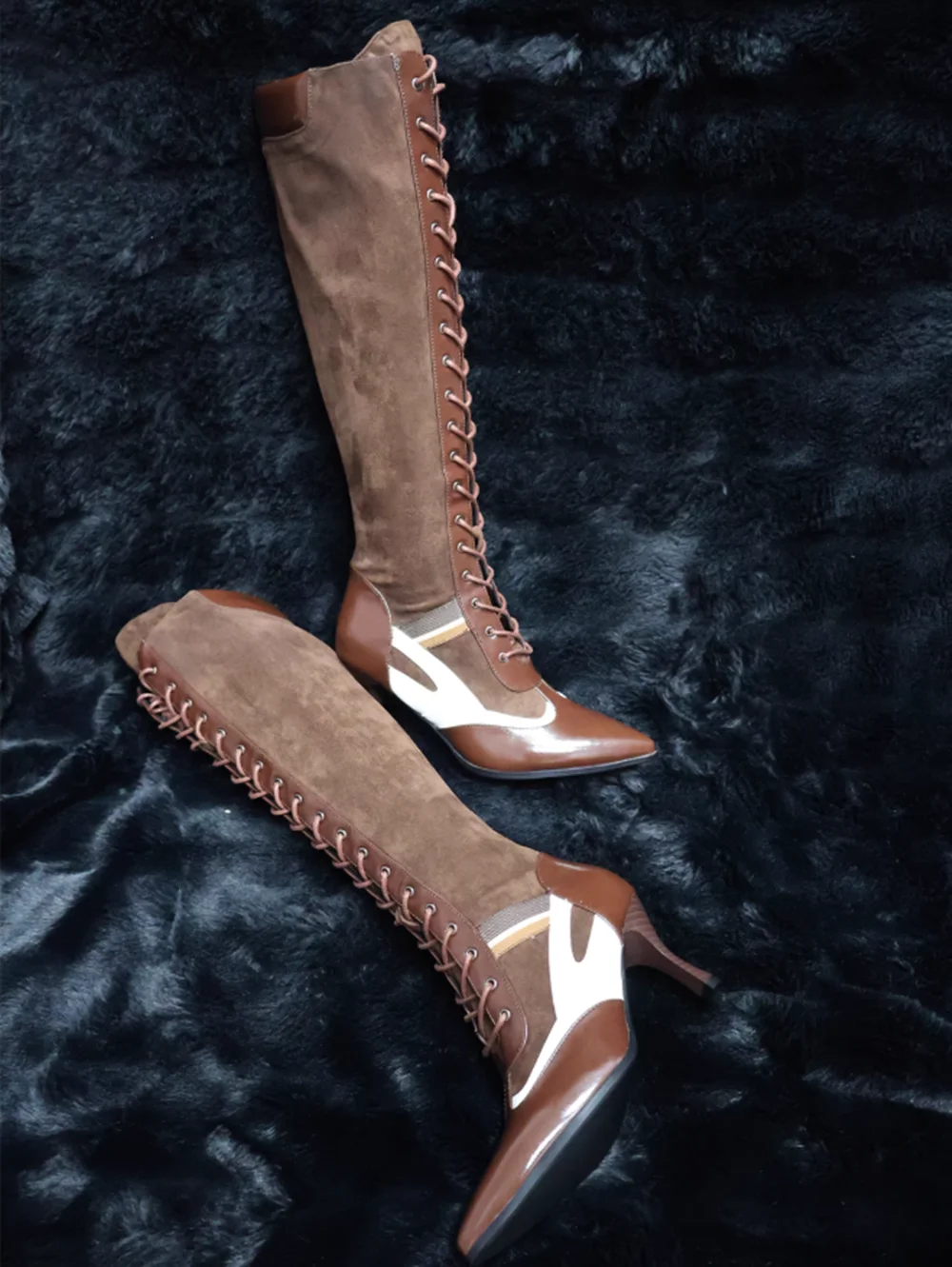 

Retro Brown Suede Stilettos Over-the-Knee Boots Two-Tone Leather Patchwork Lace-Up Detail Pointed Toe Western Style Lady Boots