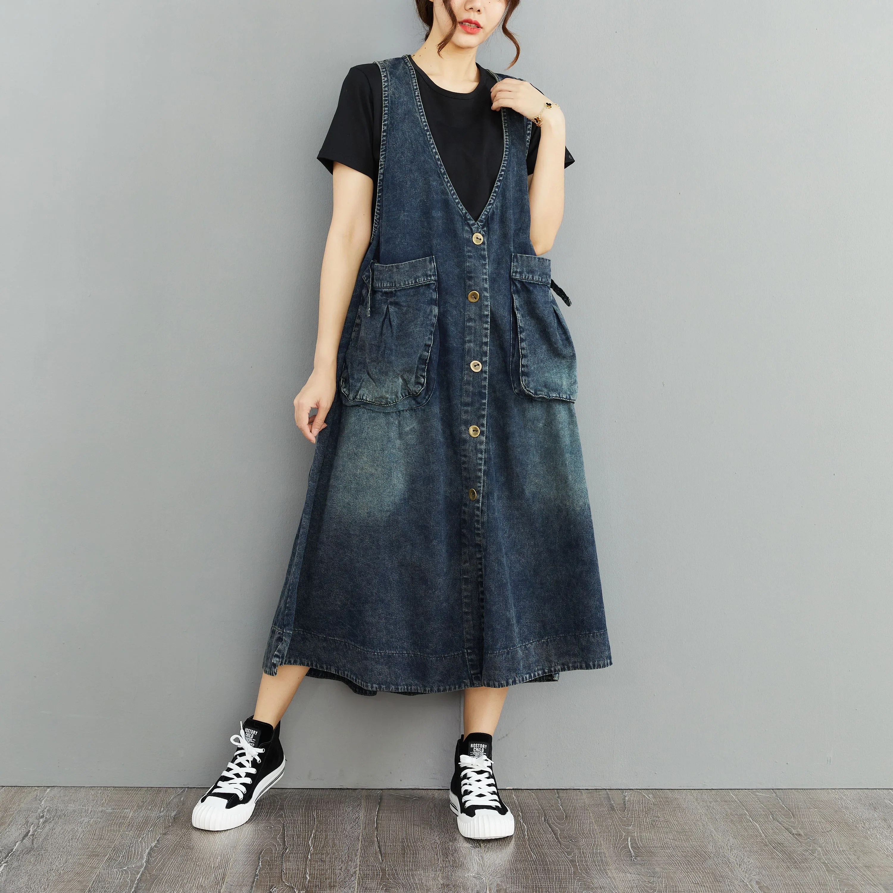 M-2XL Women Denim Dress Sleeveless Retro Casual Temperament Dresses Plus Sizes V-neck Solid Denim Dresses