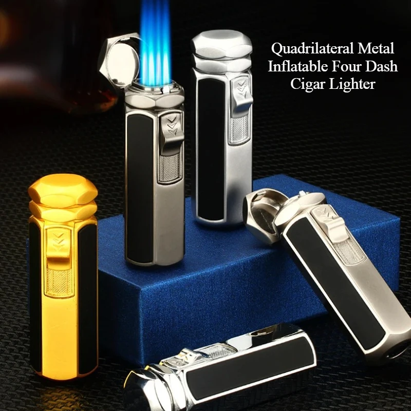 New metal outdoor windproof butane gas cigarette lighter with four straight jet blue flame spray gun, cigar lighter, men's gift