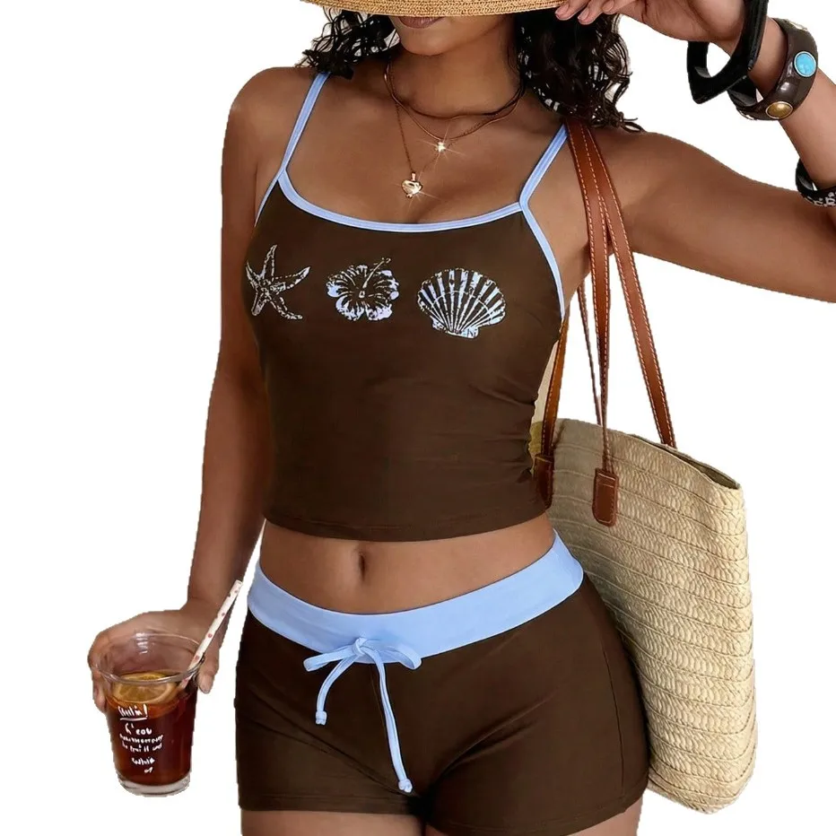 Women Ocean Graphic Print Tankini Swimsuit Spaghetti‑Strap Crop Top Drawstring Bottom Two‑Piece Contrast Trim Bathing Suit