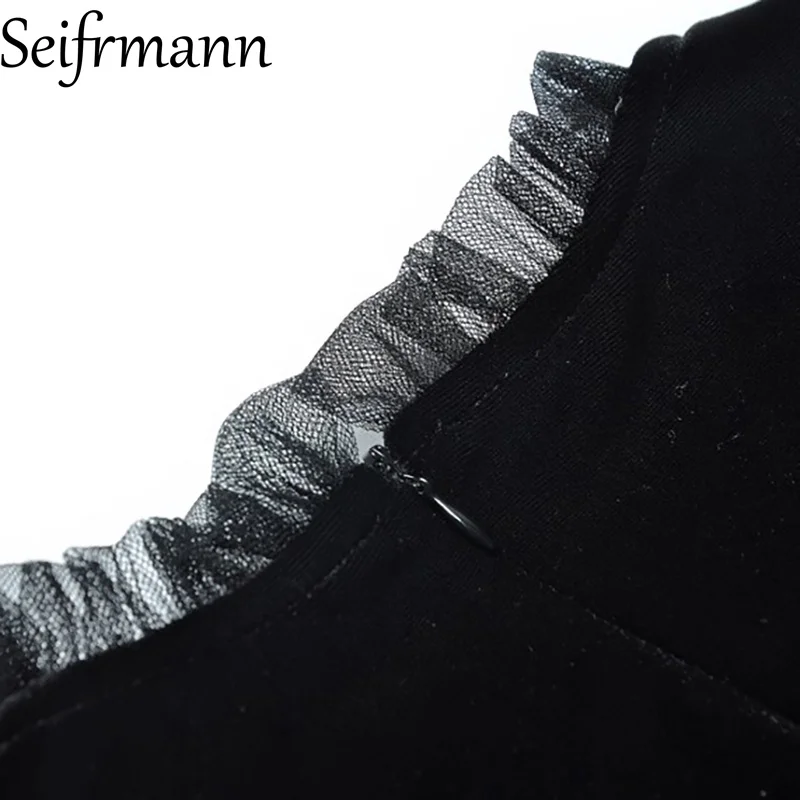 Seifrmann 2026 printemps femmes nouvelle mode col rond lanterne à manches longues mousseux velours épissage maille taille robe