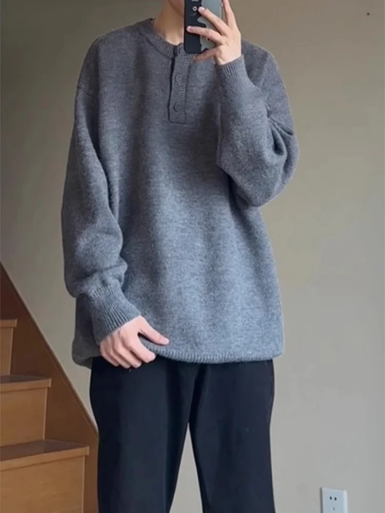 

Мужской свободный трикотажный свитер с воротником хенли, осенне-зимний, для ношения под одеждой, комфортный, модный базовый слой