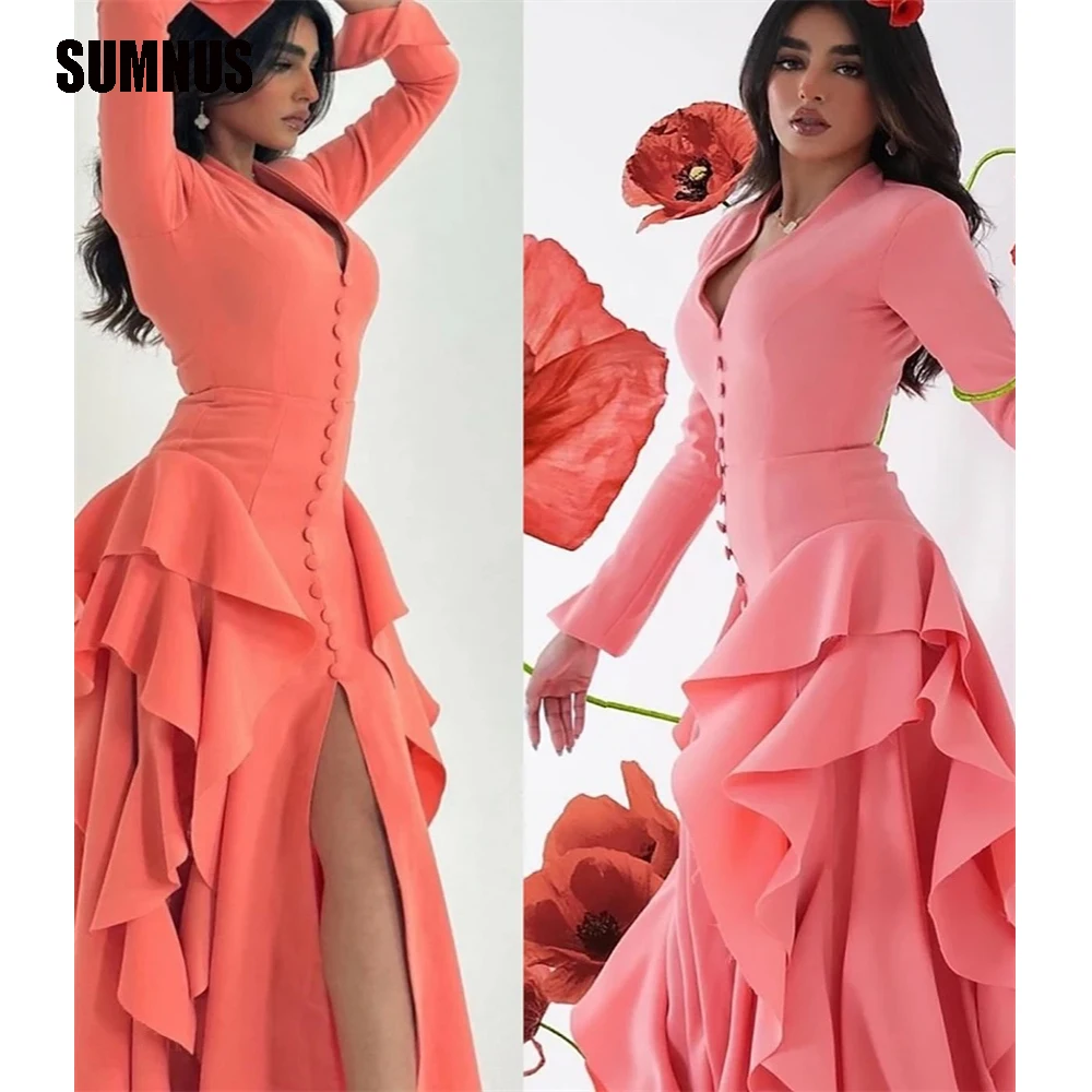 

SUMNUS Sexy Pink V Neck Arabia Evening Dresses Button Satin Long Sleeves Dubai Tiered Formal Dress Orange Prom Party Gowns Women