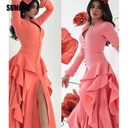 SUMNUS Sexy Pink V Neck Arabia Evening Dresses Button Satin Long Sleeves Dubai Tiered Formal Dress Orange Prom Party Gowns Women