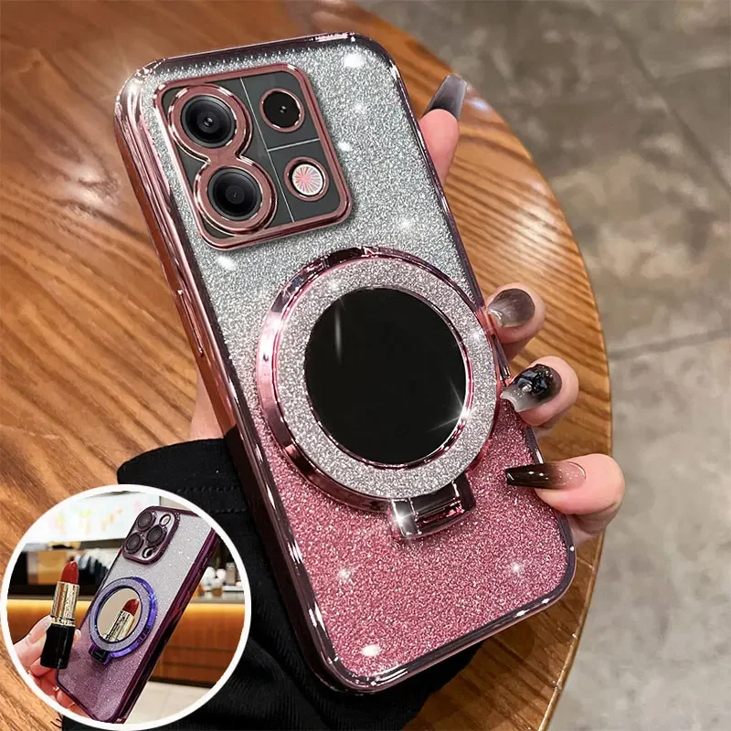 Luxury Mirror Magnetic Glitter Holder Phone Case For Xiaomi Redmi Note 13 Pro 4G Case Silicone Cover For Redmi Note 13 Pro Plus