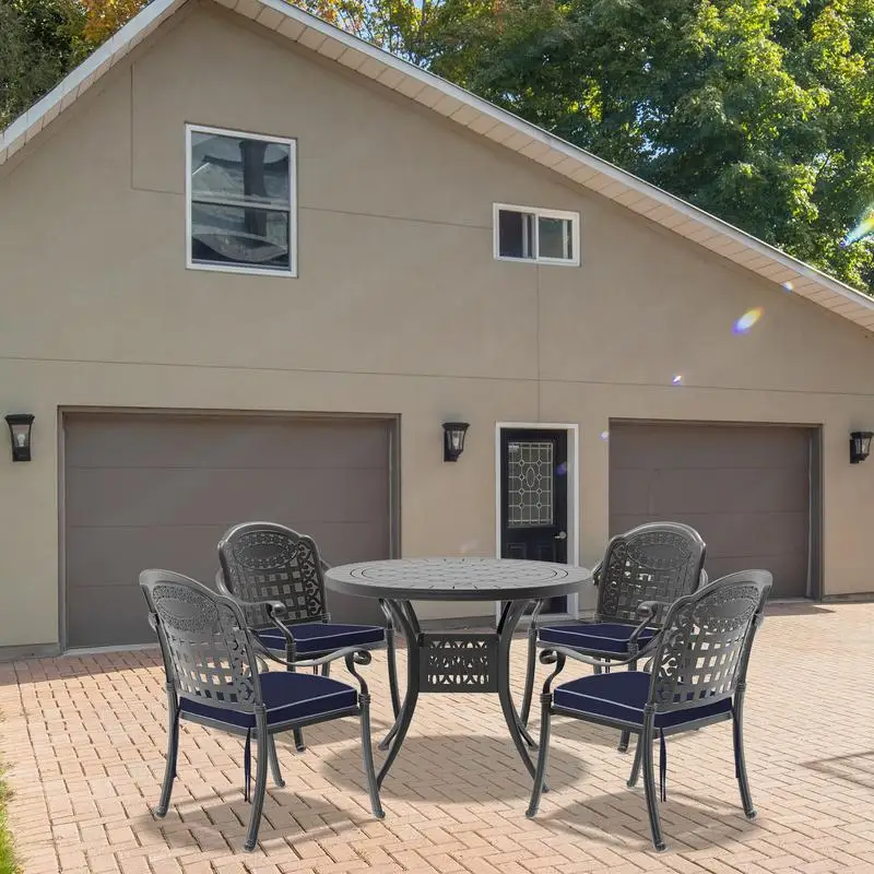 

Набор из 5 предметов: литая алюминиевая мебель для патио с синими подушками — набор для столовой и отдыха на открытом воздухе