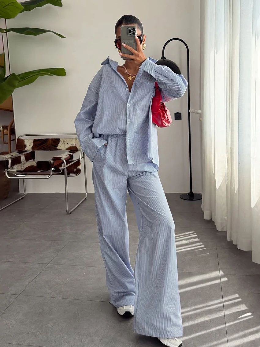 

Marthaqiqi Winter Femme Pajama Suit Lace Up Nightie Long Sleeve Sleepwear Turn-Down Collar Nightwear Pants Striped Nightgown Set