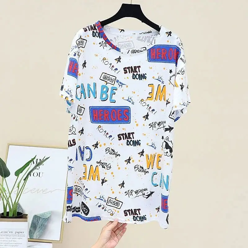 Summer New Thin Letter Printing T Shirts Short Sleeve O-Neck Loose Trend Plus Size Tops Tees Casual Fashion Women Clothing
