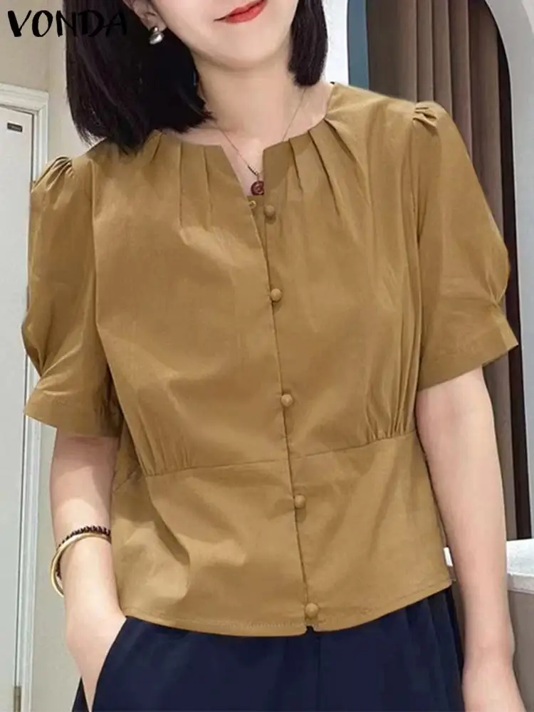 VONDA Elegant Women Blouses Shirts 2024 Summer Short Sleeve Round Neck Ruffled Buttons Tunic Tops Casual Loose Blusas Femininas