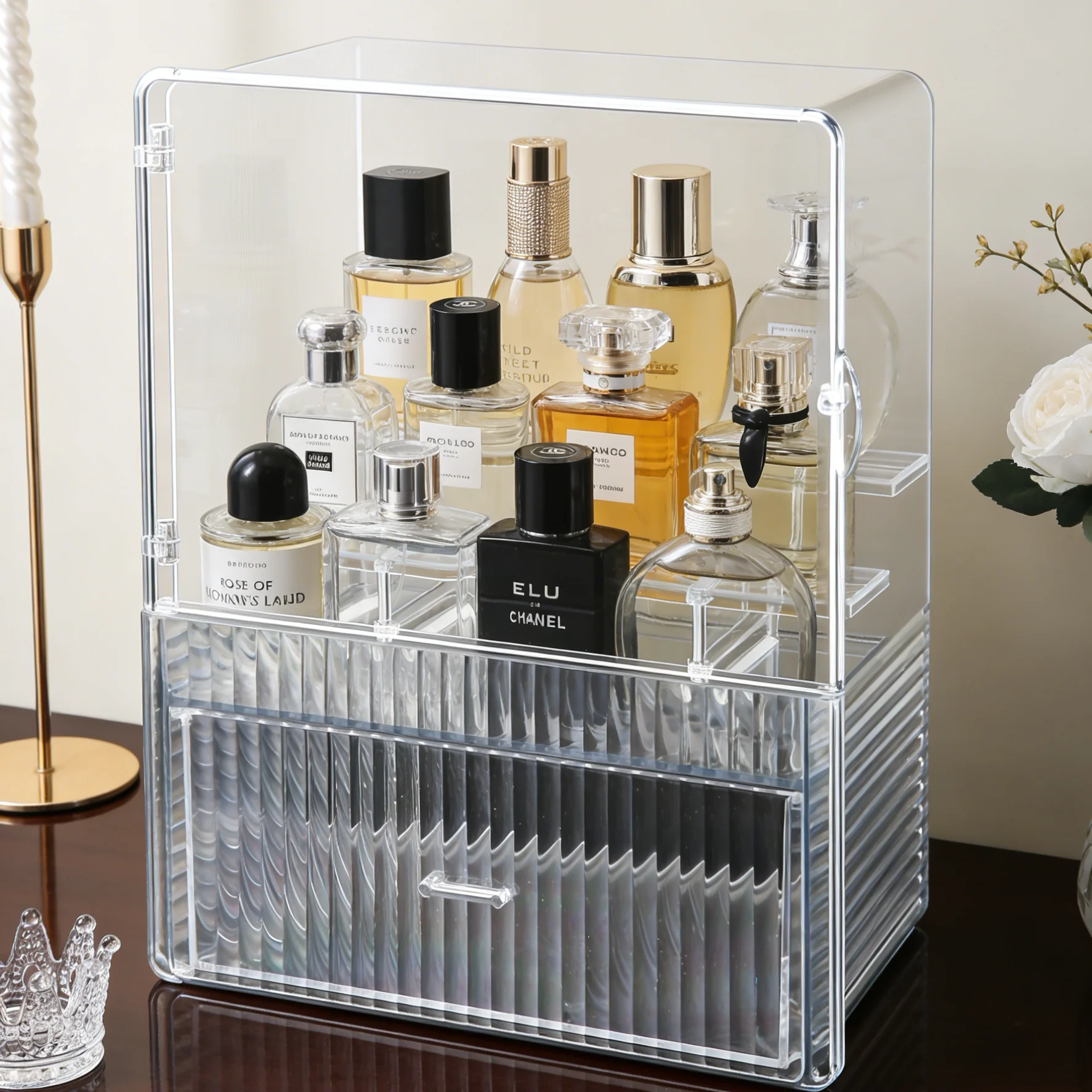

Acrylic Cosmetic Storage Box Dustproof Transparent Display Cabinet Perfume Organizer Desktop Acrylic Storage Rack for Skincare
