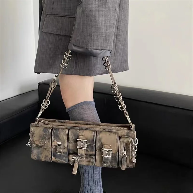 

Niche design sweet and cool girl style armpit bag long multipocket ring biker bag fashionable and versatile shoulder bag handbag