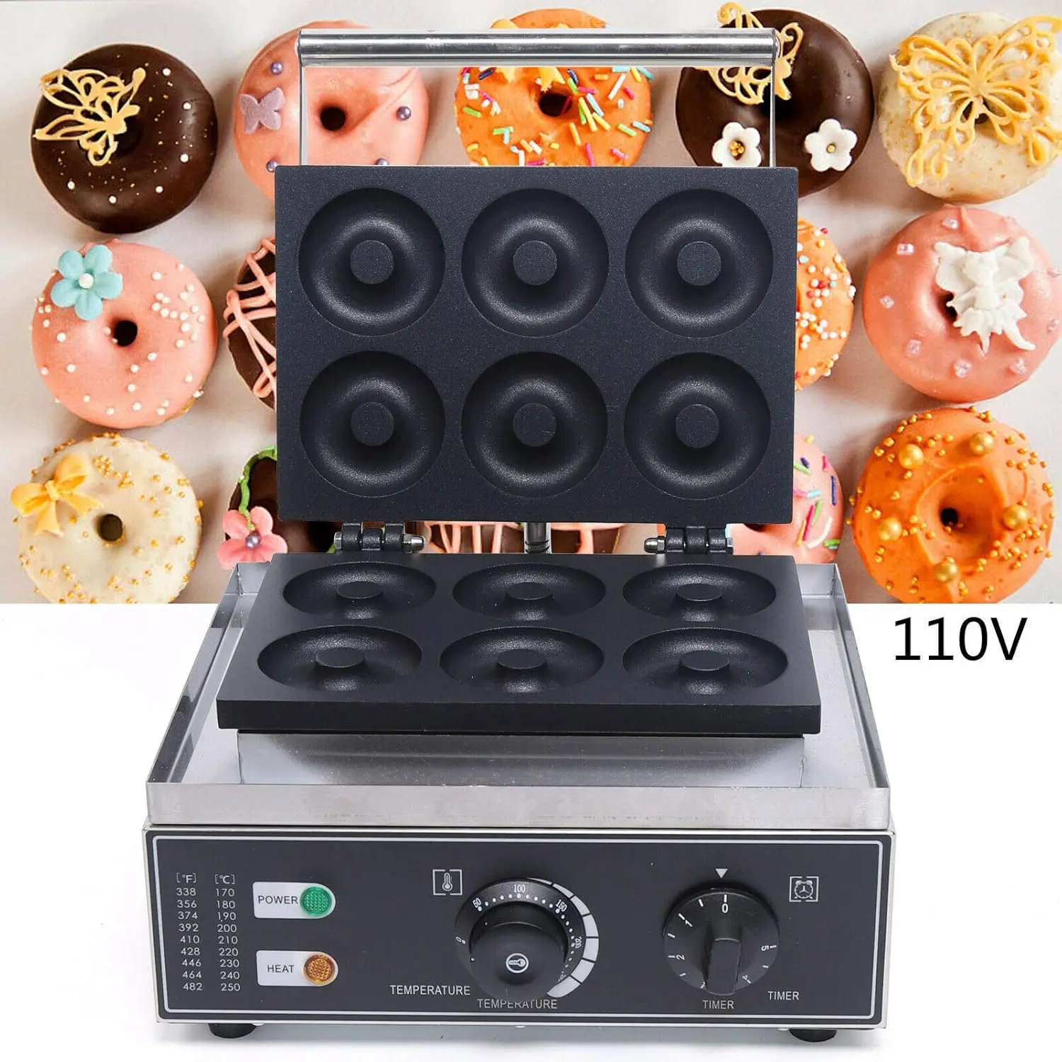 Machine 6 Holes 110V 1550W, Double-Sided Heating 50-300℃ Electric Doughnut Maker, Non-stick Donut Maker Teflon-Coating for Profe