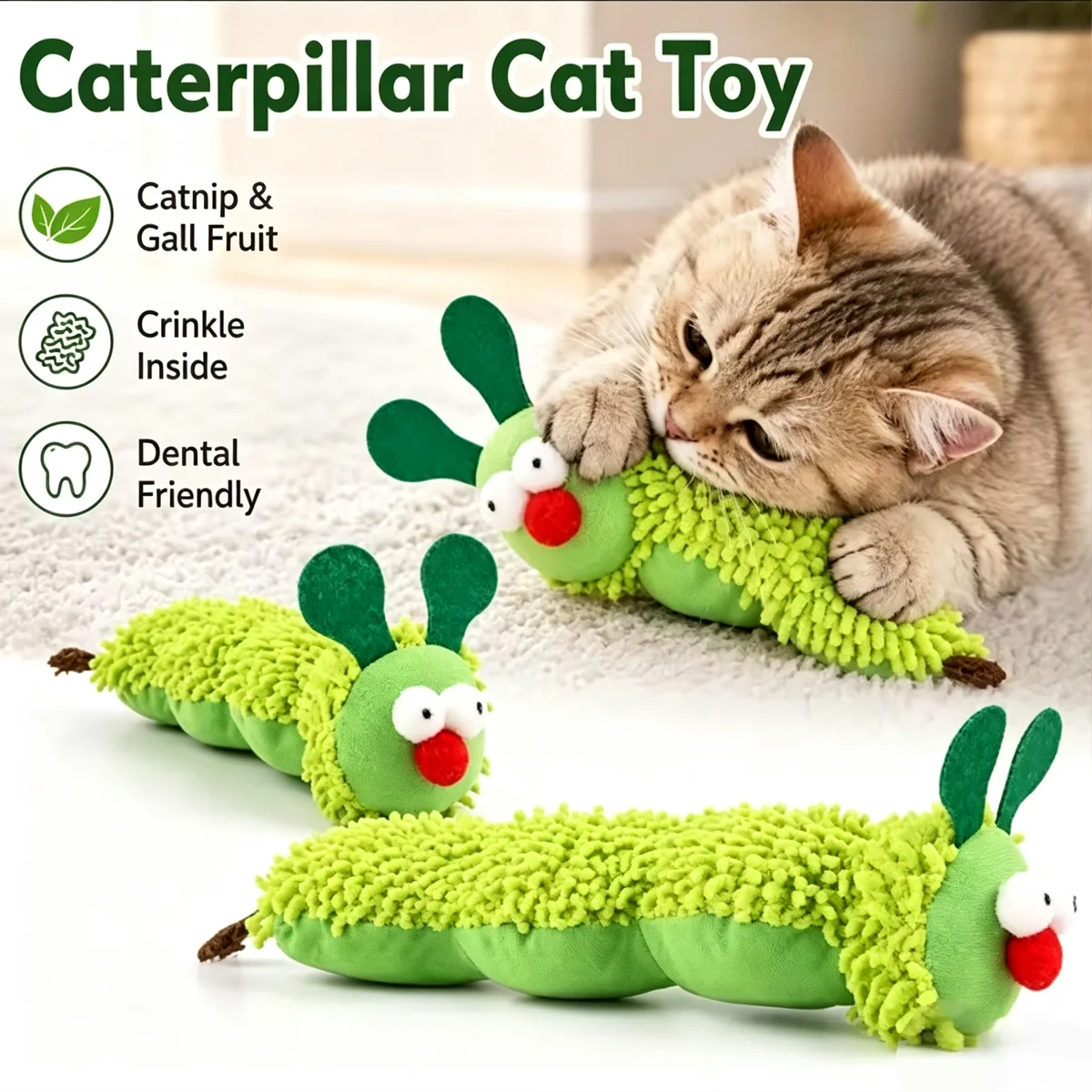 1 Pc Cute Caterpillar Cat Toy with Silvervine Fruit, Crinkle Sound Plush Chew Toy for Kittens Teeth Cleaning Interactive Pet Toy