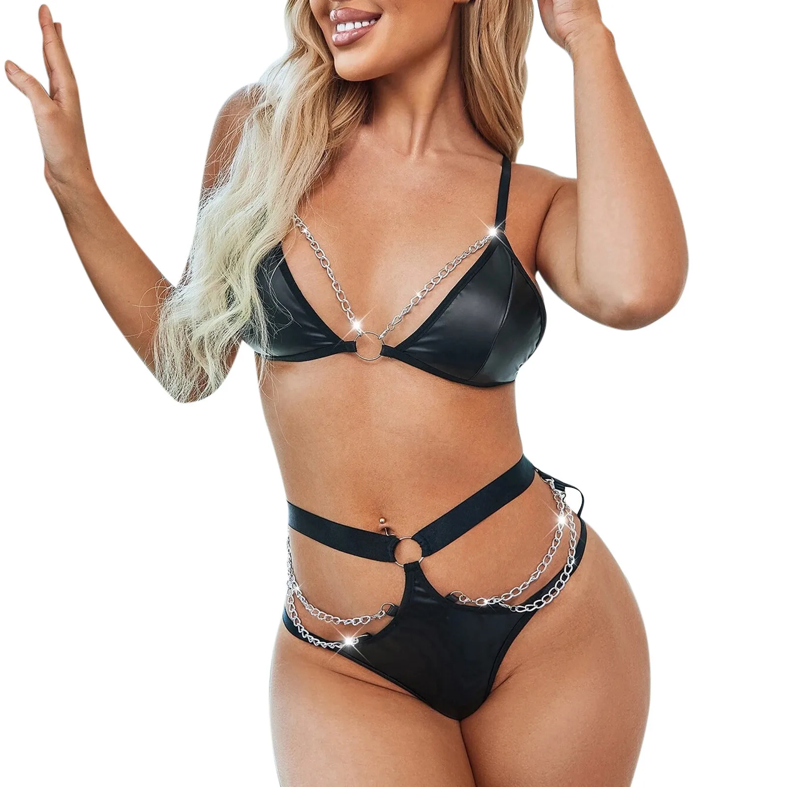 Plus Size Sexy Lingerie Set Wetlook Leather Latex Bra Panty Underwear Fetish Erotic Costumes Female Chain Halter Bra Thong Set