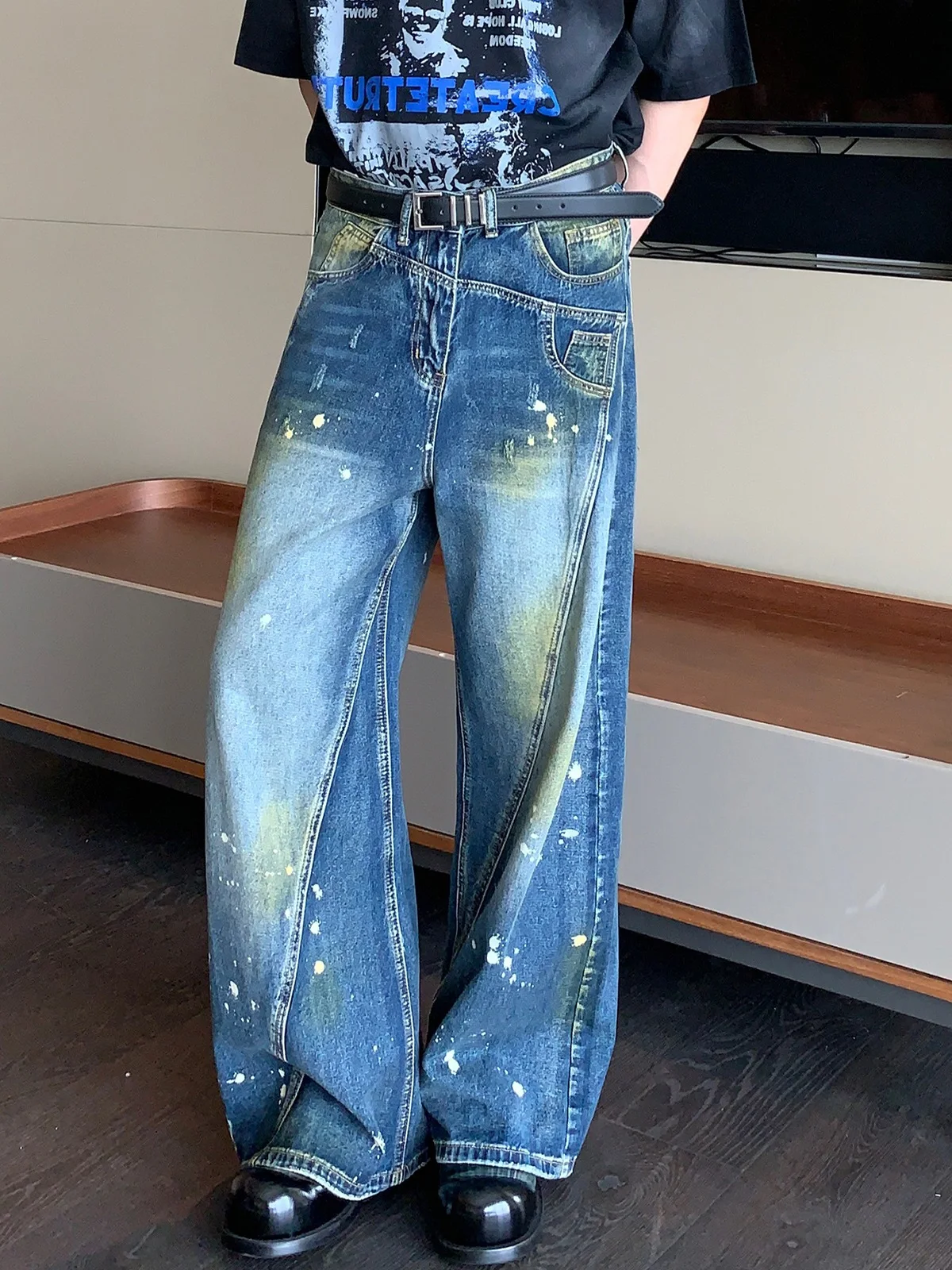 

Distressed Patchwork Denim Jeans High Street Style Loose Straight Leg Long Trousers Trendy Youth Casual Jeans Spring Autumn