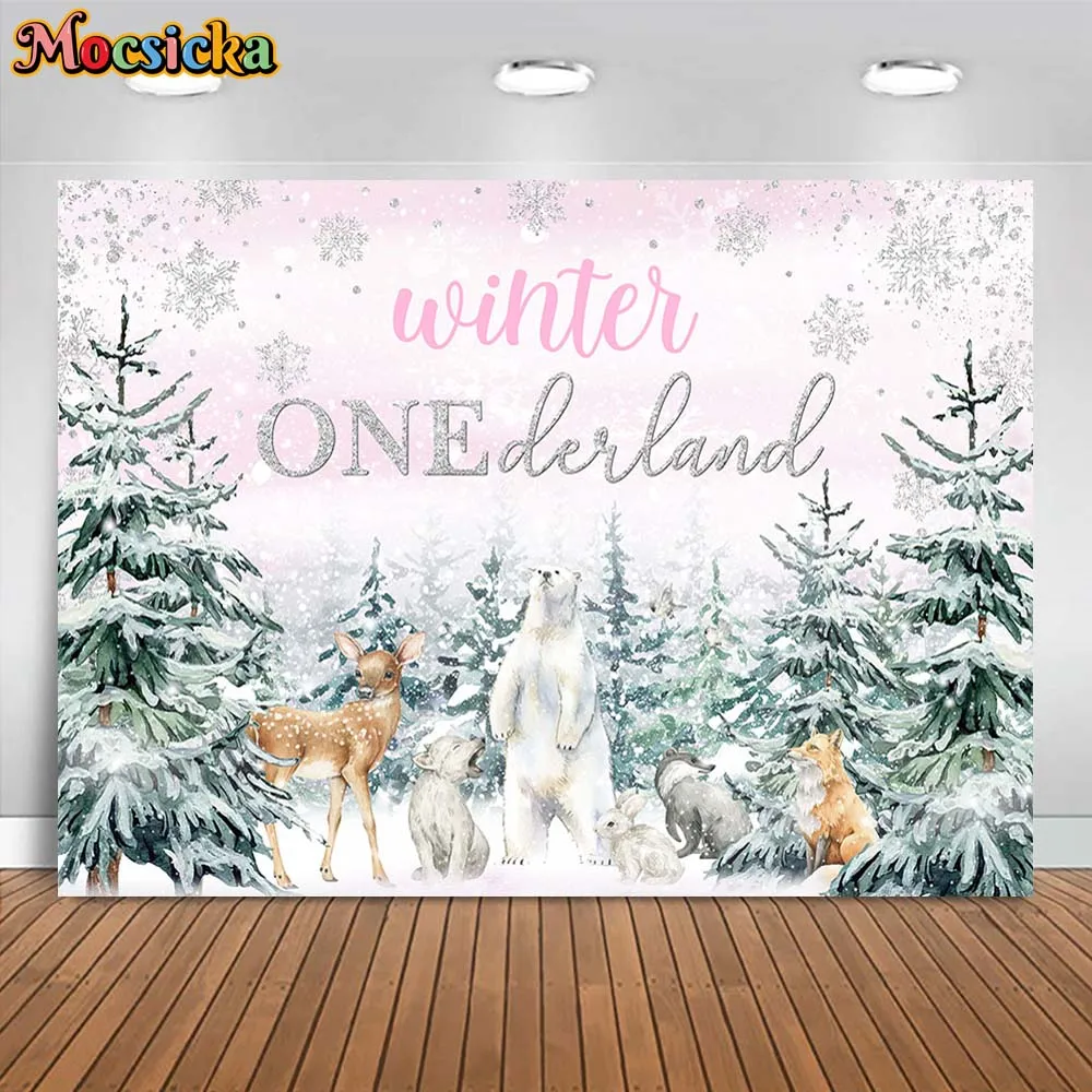 Mocsicka Winter Forest Snow Scene Backgrounds Wild Animals Girl 1st Birthday Party Decorations Winter Onederland Backdrop Banner