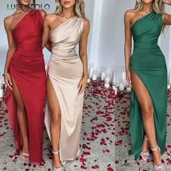 Lugentolo Women Sexy Backless Dress Slim Suspenders Party Bridesmaid Solid Lady One Shoulder Diagonal Collar Summer Split Cloth