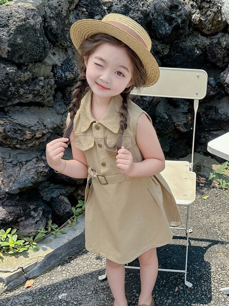 Girl\'s Birthday khaki cotton Sleeveless Dress Summer Thin 2024 New Children\'s Fashionable Loose Waist Tank Top Casual Dresses