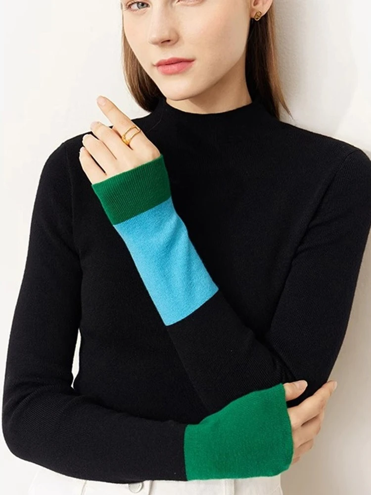 المرأة الشتاء نصف الياقة العالية معطف شتاء موضة محبوك كتلة اللون سليم تنوعا البلوز خمر بلايز عادية كم طويل