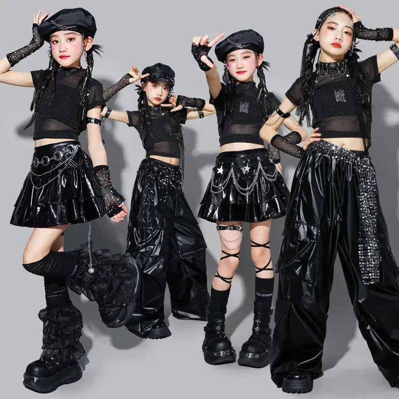 Girls K-pop Cool Shiny Crop Top Skirt Street Dance Cargo Pants Costume Kids Hip Hop Jazz Girl Group Clothes Set Child Streetwear