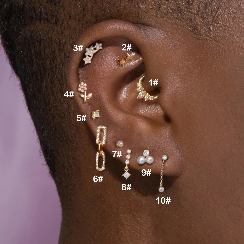 1 szt. Kolczyk z kolczykiem z kwiatem i kolczykiem cyrkonii zwisający łańcuszek z kolczykiem Tragus Rook akcesoria do chrząstka ucha w złotym kolorze kobiety biżuteria Helix