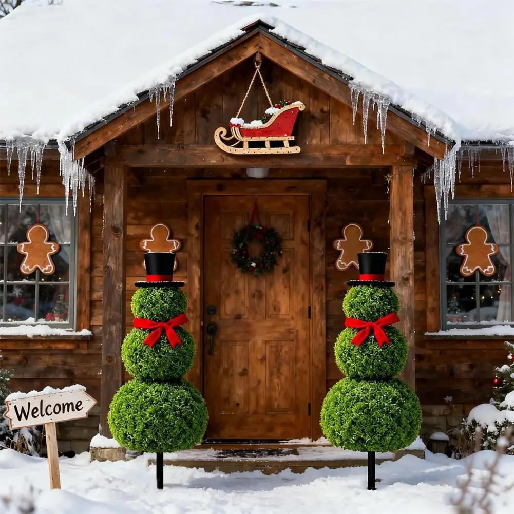 

Рождественский топиарий в форме снеговика, искусственный топиарий в форме снеговика, горшок с красным бантом, шляпа Санты для дома, крыльца, двора, праздничного декора