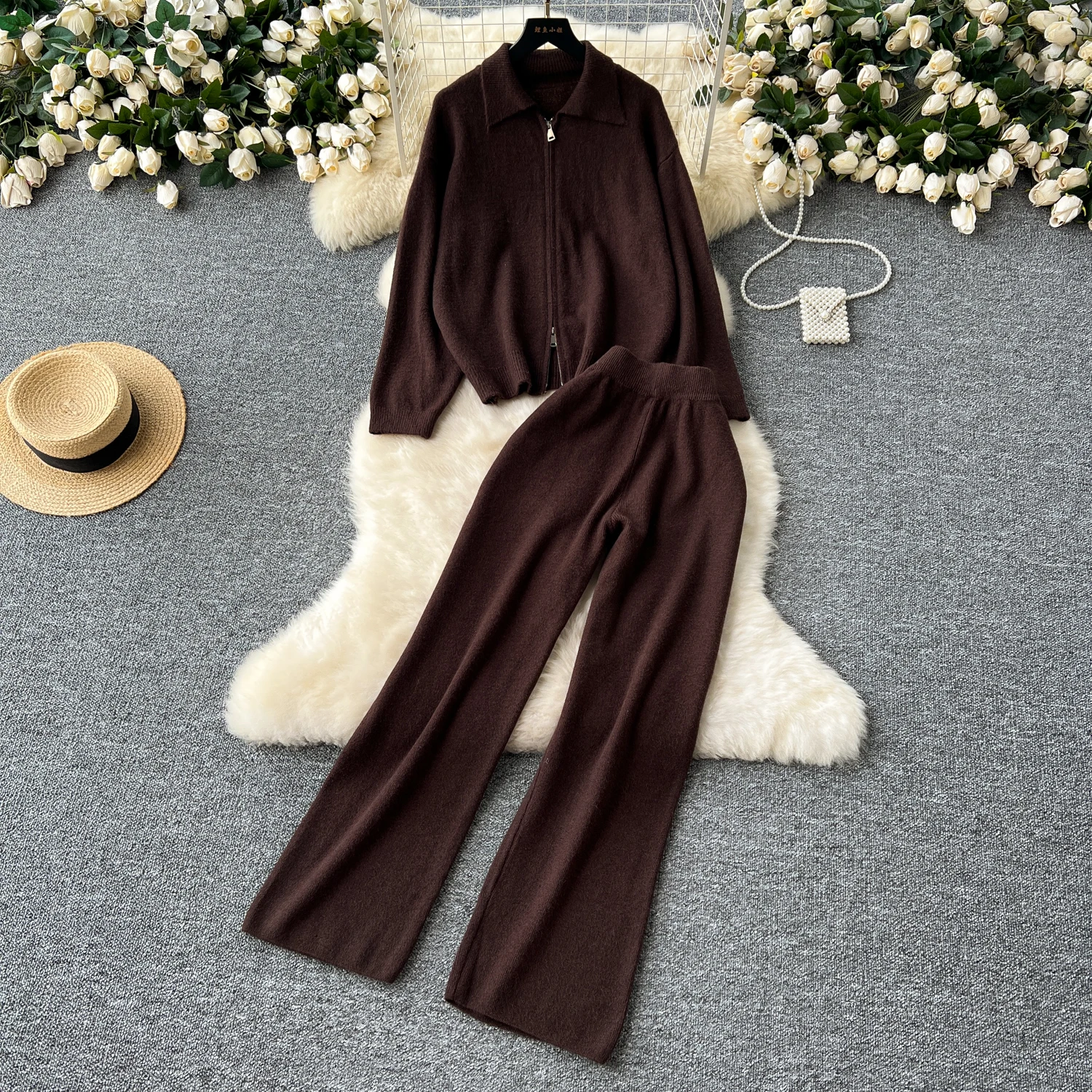 REALEFT Autumn Winter 2 Pieces Women\'s Sets Outfit Knitted Tracksuit Single Breasted Sweater and Straight Jogging Pant Suit 2024