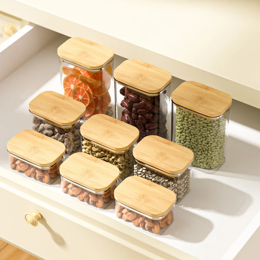 Square Sealed Plastic Food Jar Bamboo Cover Kitchen Cereal Jar Storage Box Transparent Tea Storage Jar Kitchen Supplies