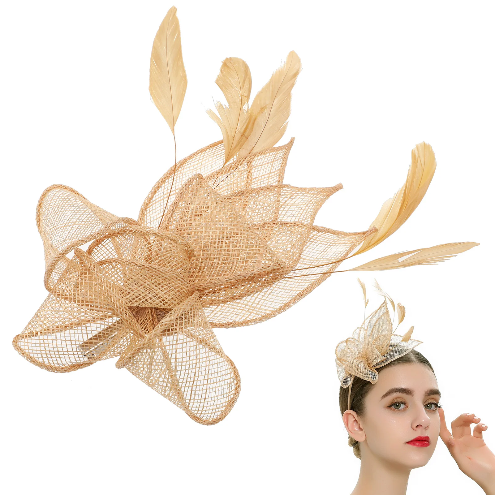 Cocktail Party Hat Golden Color Fascinator Headpiece Hair Clip Cream Tea Hats Hairband