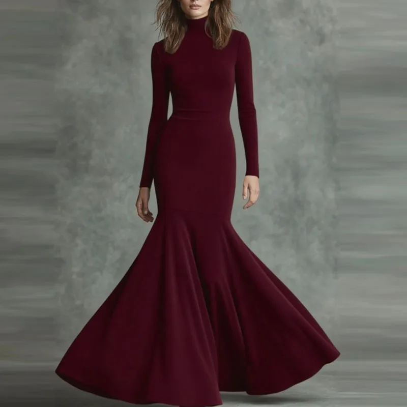 فستان حورية البحر ضيق بياقة مدورة موضة ربيع 2026 أنيق متين عالي الخصر فستان ضيق للخريف بأكمام طويلة فستان ماكسي بوهو