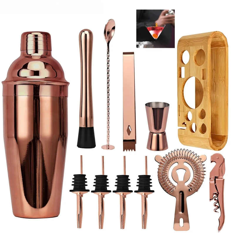 

Professional home bartender set: 12 rose gold tools with base, one stop for classic cocktail preparation