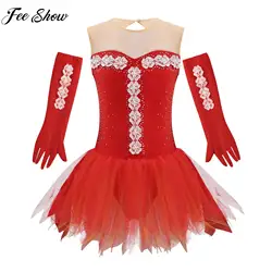 Girls Figure Skating Dress Ballet Dance Gymnastics Performance Costume Sleeveless Shiny Rhinestone Mesh Leotard Tutu with Gloves