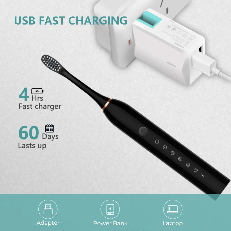 Escova de dentes eléctrica sónica para adultos e crianças, automática, recarregável, com 4 cabeças substitutas, ipx7