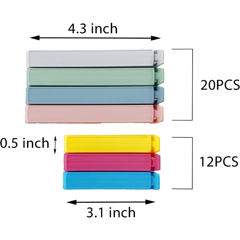 32 PCS Plastic Chip Clips for Food Packages, Curved Design Sealing Bag Clips for Food, Kitchen and Home, 2 Sizes(4.3inch x 20, 3.1inch x 12)