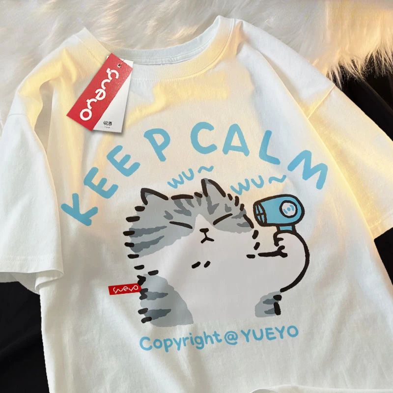 

Fun Stay Calm Hair Drip Cat Print Men and Women New Shoulder Drop Short Sleeve Pure Cotton T-shirt Loose Casual Top Clothes