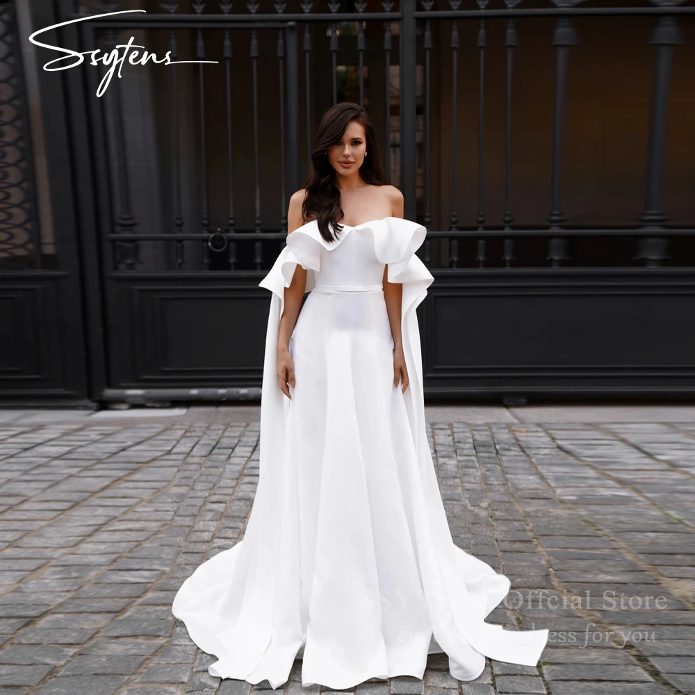 

SSYTENS A-Line Wedding Dresses White Off The Shoulder Sweep Train Bride Dress Women Custom Size Beach Simple Civil Wedding Gowns