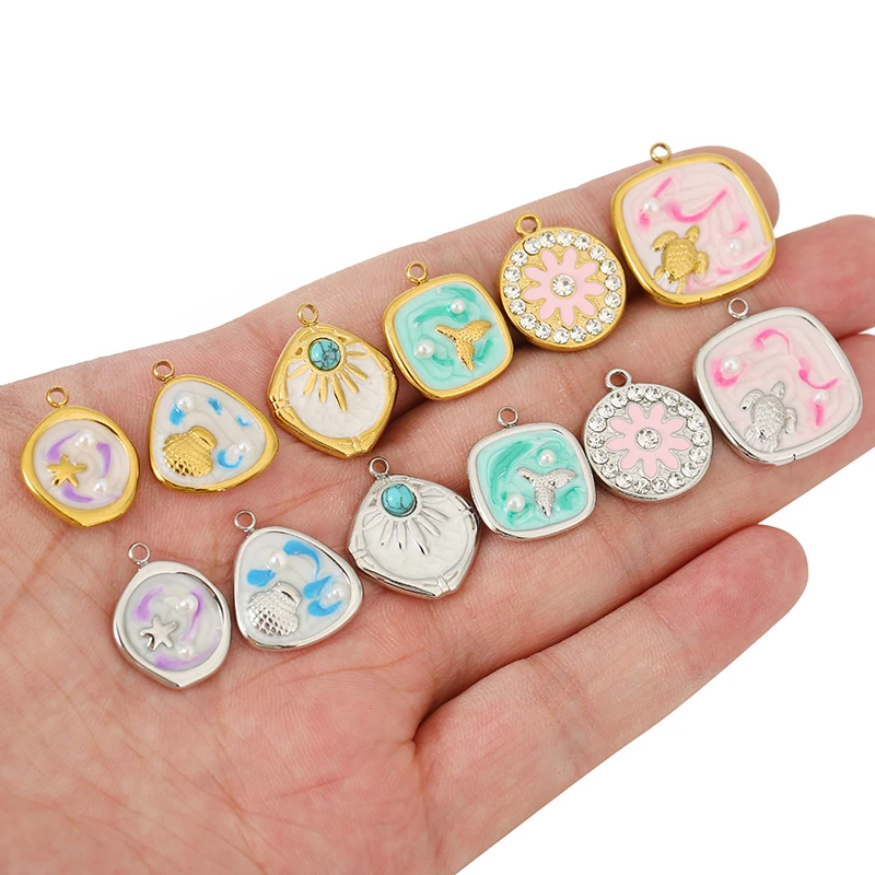 4pcs สแตนเลสสตีลเคลือบ SHELL ปลาดาวเต่า Ocean Charms สําหรับ DIY สร้อยคอสร้อยข้อมือจี้เครื่องประดับทําอุปกรณ์หา